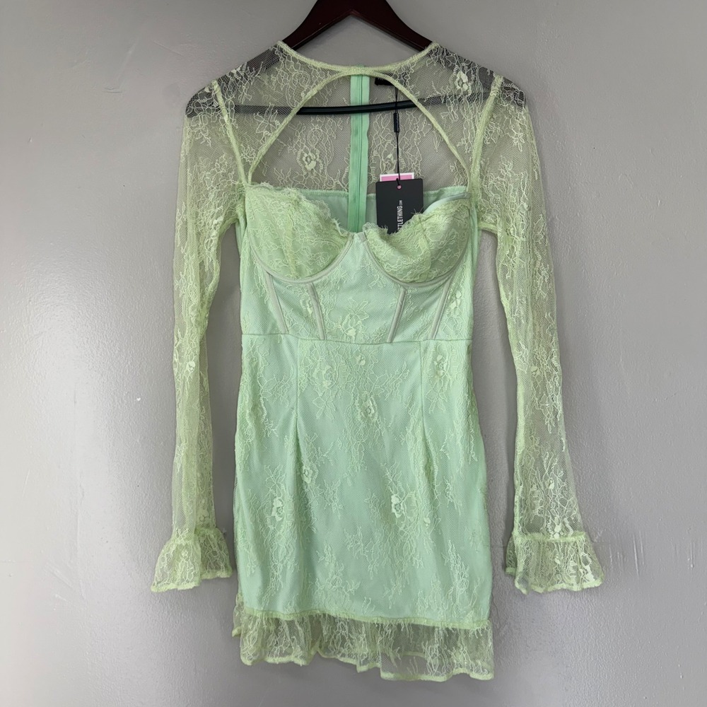 PrettyLittleThing Mint Lace Frill Cuff Corset Bodycon Dress Size 8